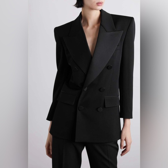 SAINT LAURENT YSL Double-Breasted Wool Satin Trim Blazer Jacket - Picture 4 of 5